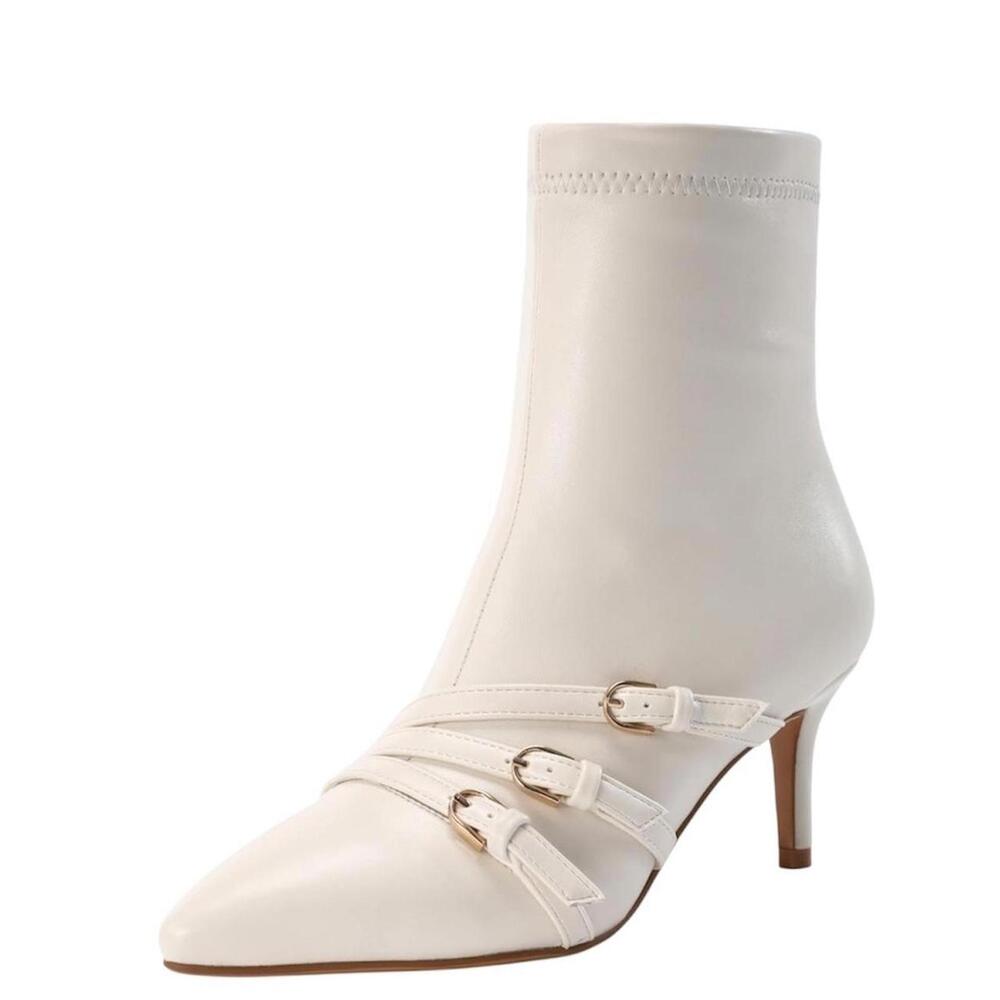 NIB Feetquake Off White Pointed Toe Ankle Boots Triple Buckle Kitten Heel, 7 M
